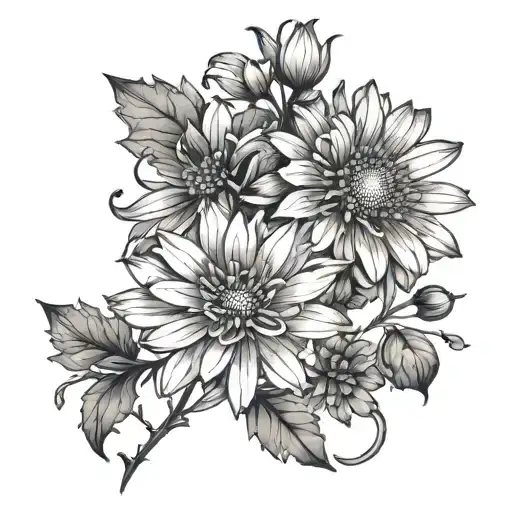 3 asters asymmetrical pattern with a visible stem in the middle, perhaps wrapping around the forearm add dew drops tattoo design idea