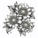 3 asters asymmetrical pattern with a visible stem in the middle, perhaps wrapping around the forearm add dew drops tattoo design idea