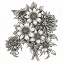 3 asters asymmetrical pattern with a visible stem in the middle, perhaps wrapping around the forearm add dew drops tattoo design idea