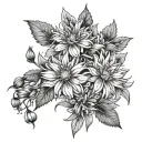 3 asters asymmetrical pattern with a visible stem in the middle, perhaps wrapping around the forearm add dew drops tattoo design idea