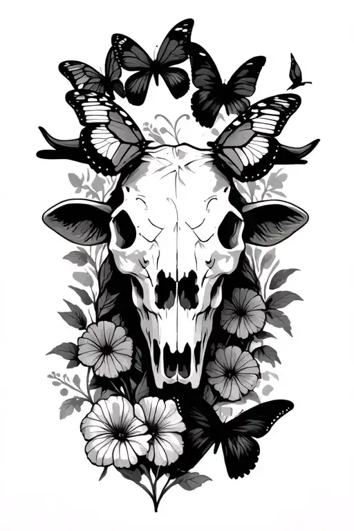 western cow skull, butterflies, farm land tattoo design idea