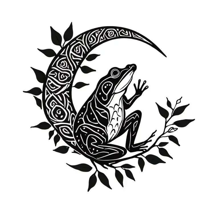 Kambo frog, ayahuasca branch with leaves, waning crescent moon tattoo design idea