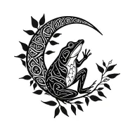 Kambo frog, ayahuasca branch with leaves, waning crescent moon tattoo design idea