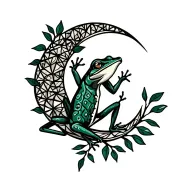 Kambo frog, ayahuasca branch with leaves, waning crescent moon tattoo design idea