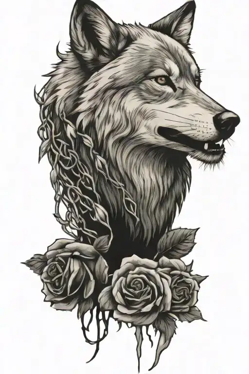 wolf, barbwire, black roses, white doves tattoo design idea