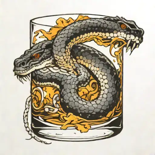 half full whiskey tumbler with 3 ice cubes and rattlesnake wrapped around it tattoo design idea