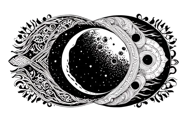 lunar phase design with intricate patterns. this is for chest. so it should be curved tattoo design idea