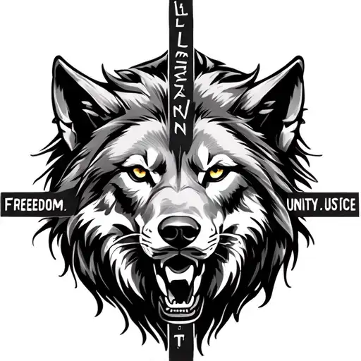 "Loyalty,Freedom,Unity,Justice" Half wolf, Half lion, cross surrounded tattoo design idea