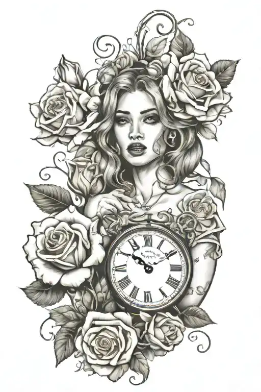 sexy girl, clocks and roses tattoo design idea