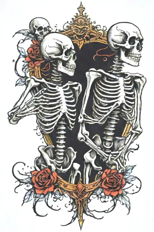 2 skeletons desperately in love and try to reach each other opposite direction  tattoo design idea