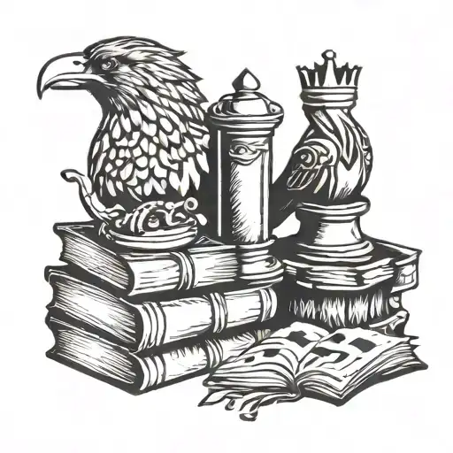 king and queen chess piece with books and raven flying tattoo design idea