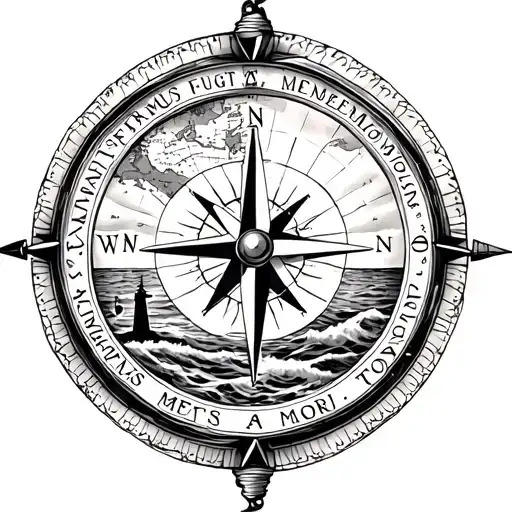 compass with a nautical map inside, text saying "Tempus Fugit Memento Mori", lighthouse, oceans, sunset tattoo design idea