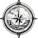 compass with a nautical map inside, text saying "Tempus Fugit Memento Mori", lighthouse, oceans, sunset tattoo design idea
