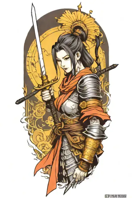 Half-body samurai girl in dark souls style tattoo design idea