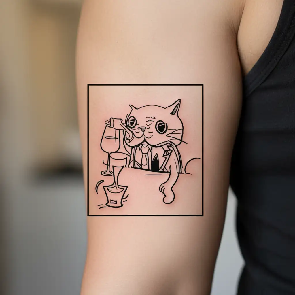Cat showing his asshole while he drink a bottle of wine tattoo design idea