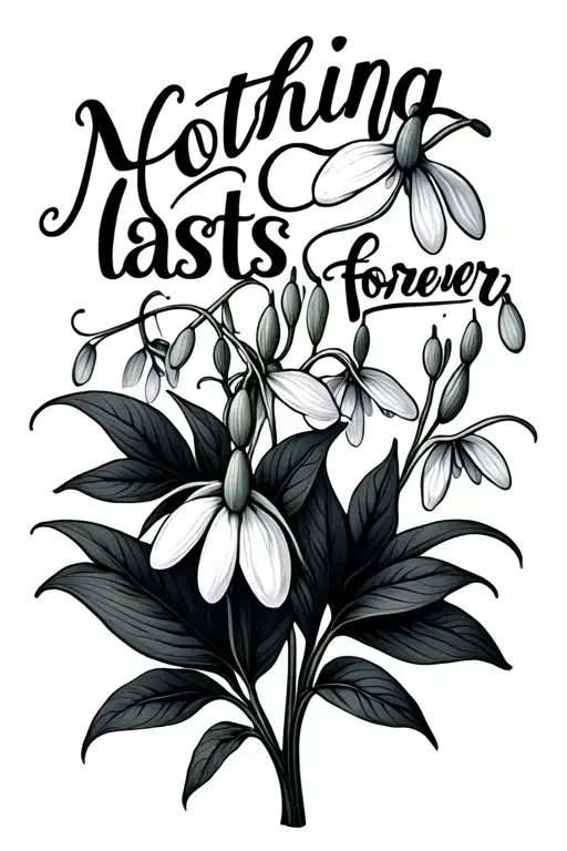 "Nothing lasts forever " snowdrop flower large black leaves tattoo design idea