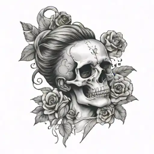 woman undressing with a skull on her stomach tattoo design idea