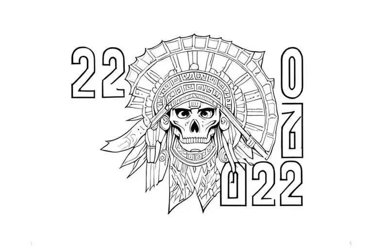 Number 2002 with Aztec god of death behind the numbers tattoo design idea
