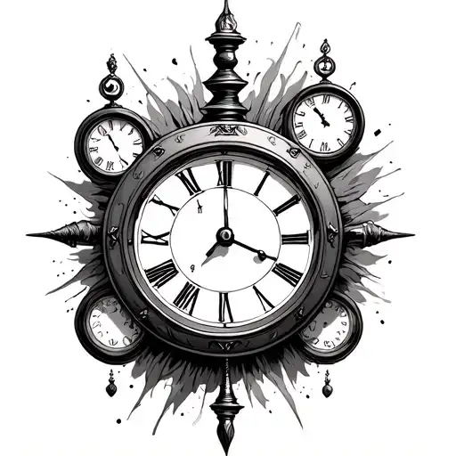 clocks and roulette wheel surrounded tattoo design idea