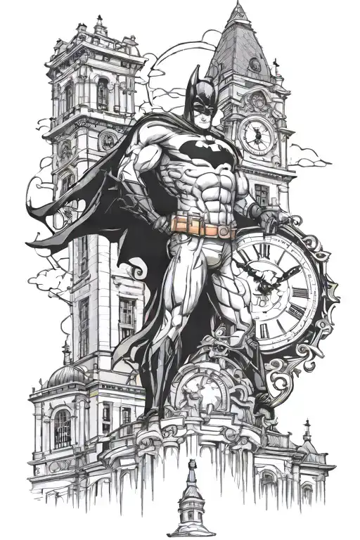 batman standing infront of clock tower in Gotham cit tattoo design idea