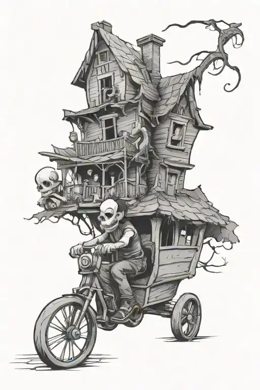 saw guy on tricycle pulling wagon, scream guy with nice, haunted house  tattoo design idea