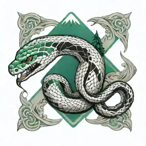 snake wrapping itself on emerald, gemini sign, mountains tattoo design idea