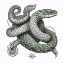 snake wrapping itself on emerald, gemini sign, mountains tattoo design idea