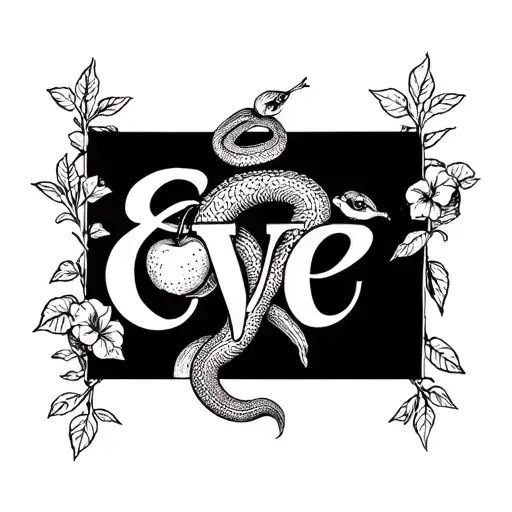 the name Eve in cursive with biblical refrences to eve with the forbidden fruit and the serpent that talks tattoo design idea