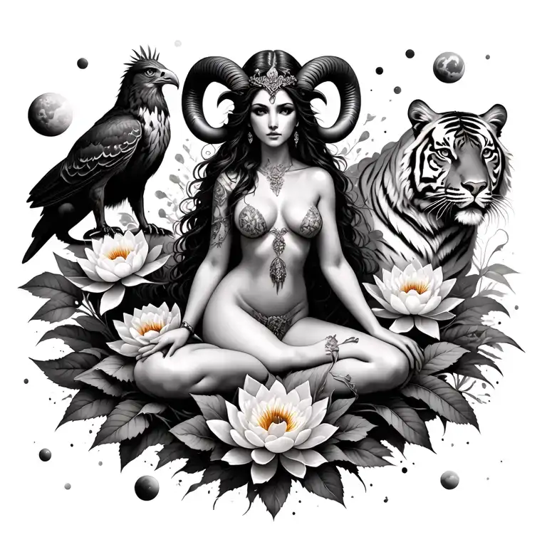 sexy aries goddess surrounded by lotus and peony flowers growing with a hawk and a tiger in a galaxy landscape with mars tattoo design idea