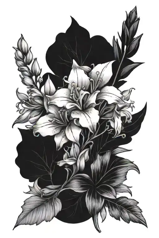 larkspur, aster, and gladiolus flower bouquet fine line tattoo design idea