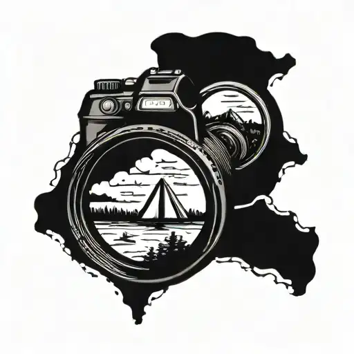 A DSLR camera lens reflecting a landscape of Acadia National Park with a mountain and rocky coastline, a campsite with tent and fire, the North Star for your wife, two birds in flight for your children, and a hidden semicolon for mental health tattoo design idea