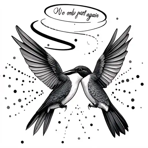 2 humming birds facing each other with dots connecting them one with a halo and words "we only part to meet again" tattoo design idea