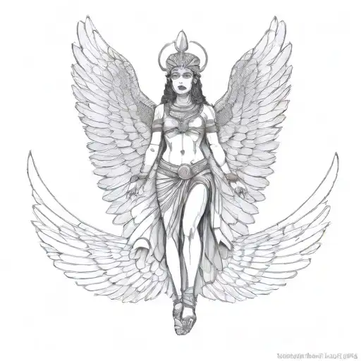 Goddess Isis, with her wings extended out and on one knee tattoo design idea