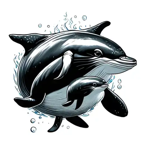 mom and baby beluga whale swimming tattoo design idea