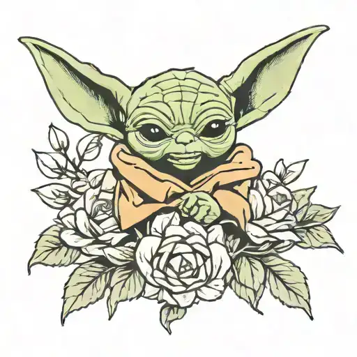 baby yoda flowers intertwined tattoo design idea
