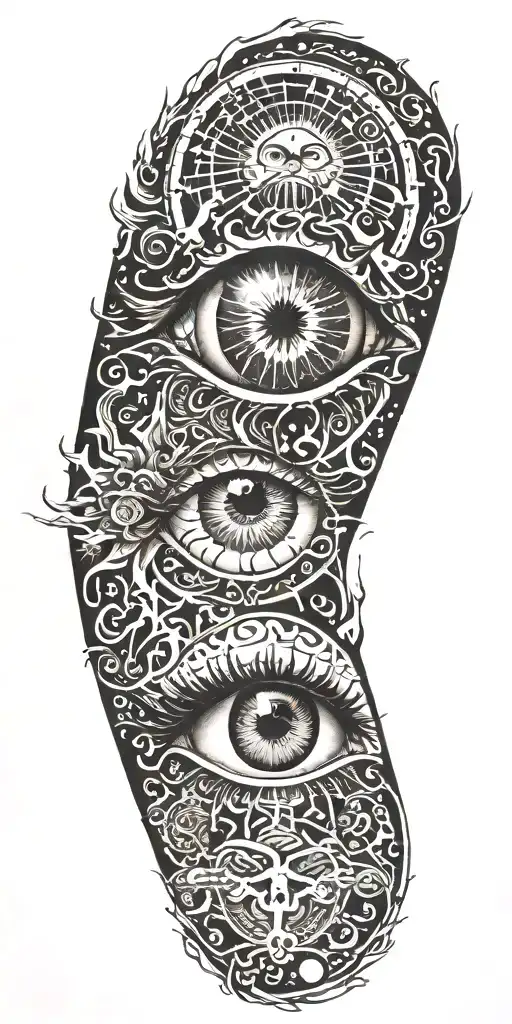 eye and fire,sun. electricity, florida psycedelic tattoo design idea