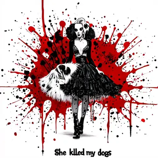 Cruella. full body dress. Rock concert style. Bottom title: "She killed my dogs". Dalmatians background tattoo design idea