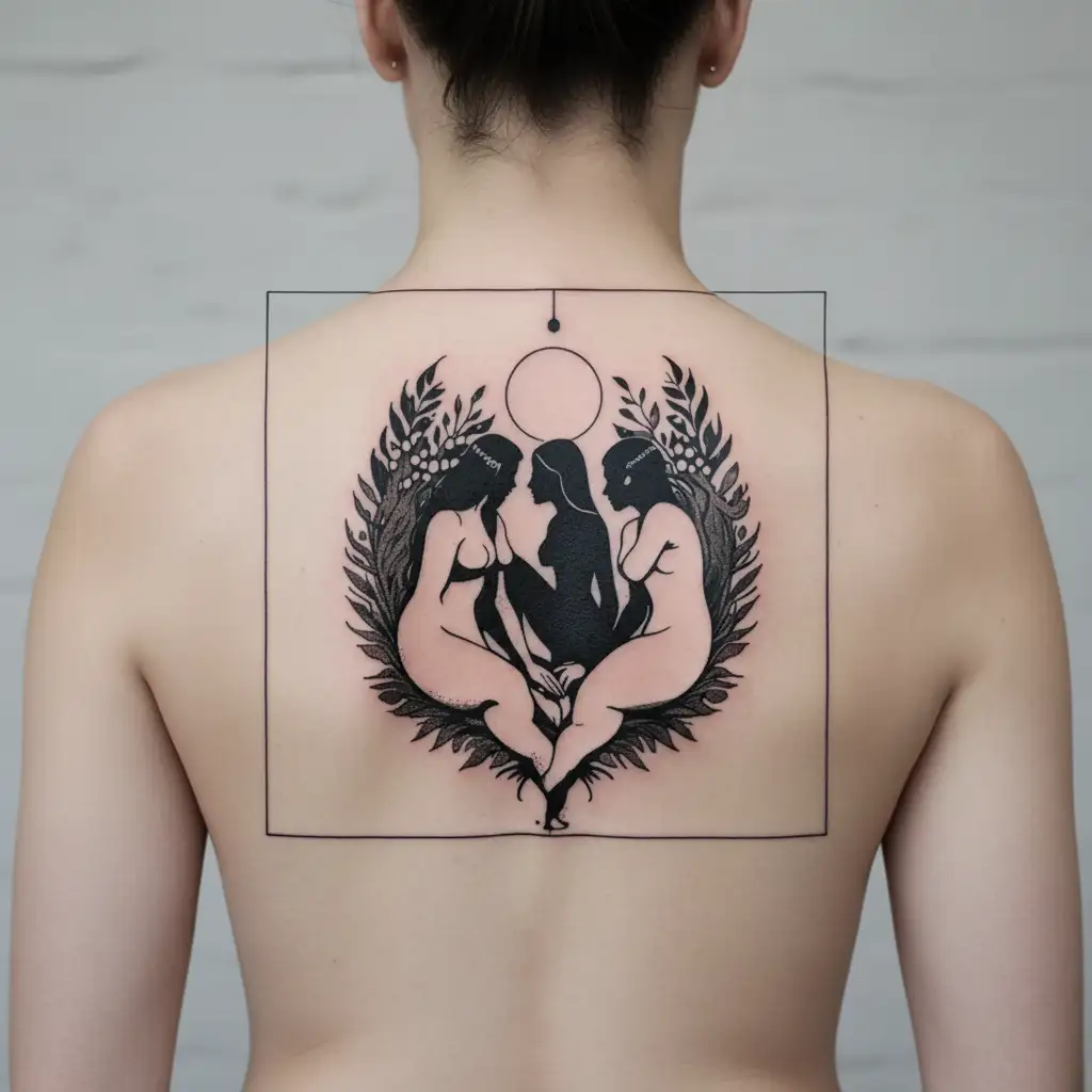 Fine Line tattoo water sign of the 4 children, fire, earth, water, air; Women's PO silhouette with hands by the buttocks, everything tattoo design idea