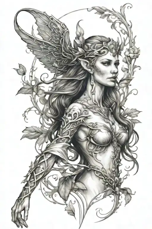 hyper realistic elven goddess standing tattoo design idea