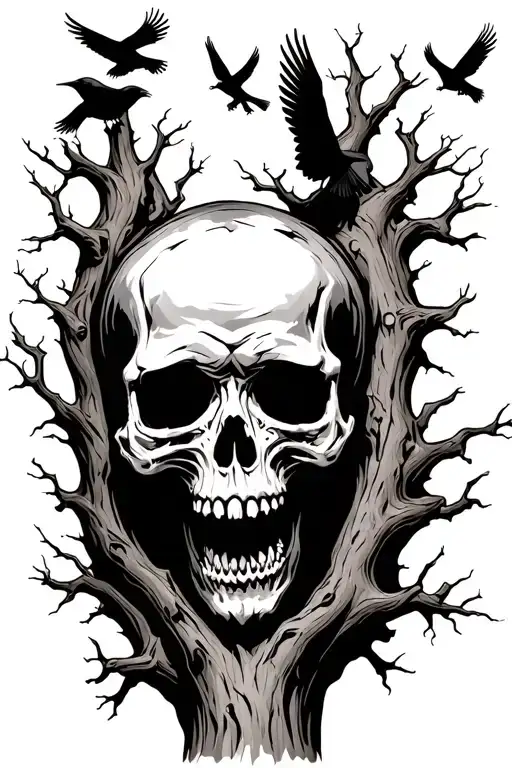 dead tree with a skull screaming image emerging from trunk of tree and crows on the branches and flying.  tattoo design idea