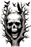 dead tree with a skull screaming image emerging from trunk of tree and crows on the branches and flying.  tattoo design idea