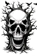 dead tree with a skull screaming image emerging from trunk of tree and crows on the branches and flying.  tattoo design idea