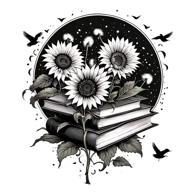books, sunflowers, dandelion and birds flying away tattoo design idea