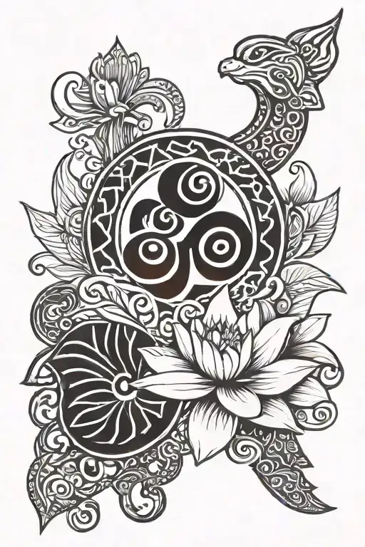 aum symbol with ankh cross and water lily symbolizing adaptability, strength and peace tattoo design idea