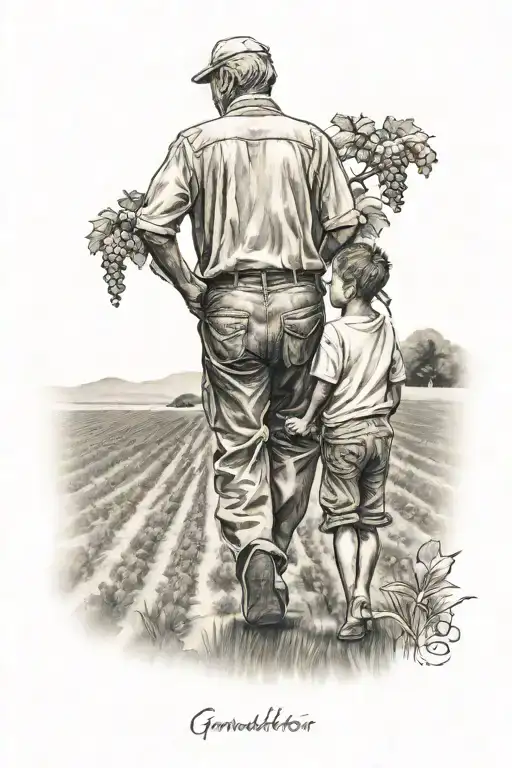 grandfather memorial tattoo. walking away with his grandson on a grape field tattoo design idea