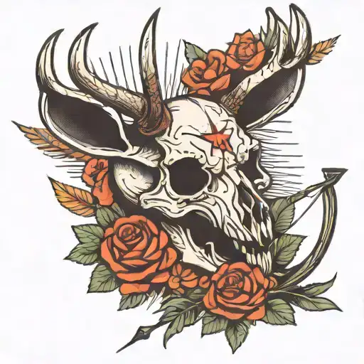 deer skull with a knife and an arrow tattoo design idea