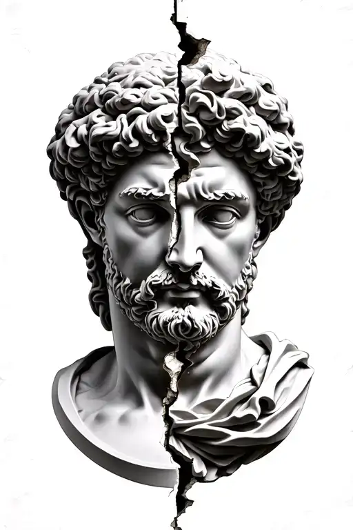 a highly detailed black and grey realism tattoo design of a classical Roman marble bust, split and bisected through the  tattoo design idea