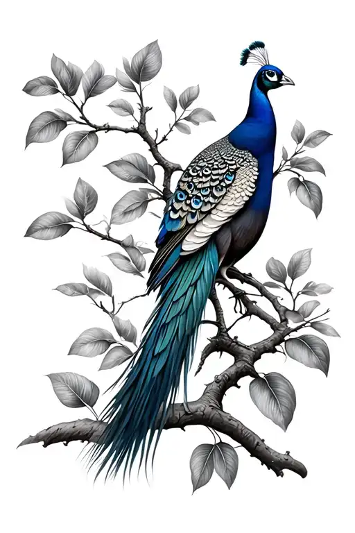 peacock landing on mango tree branch tattoo design idea