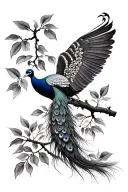 peacock landing on mango tree branch tattoo design idea
