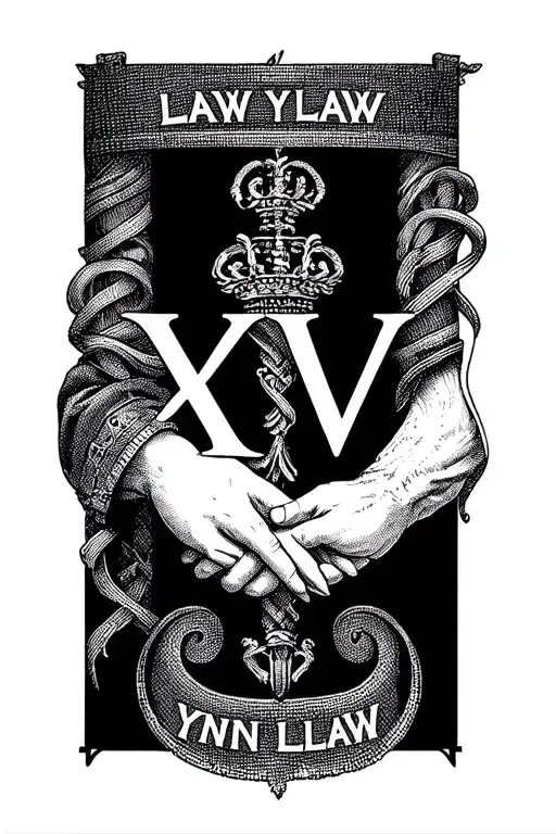 holding hands. roman numerals XV and the words 'Law yn Llaw' intwined within. make it simple tattoo design idea